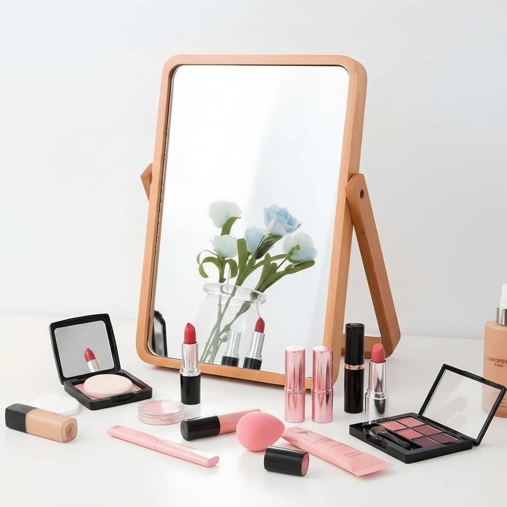 ZOROSY Desk Makeup Mirrors with Wood - Small Table Mirror with Stand