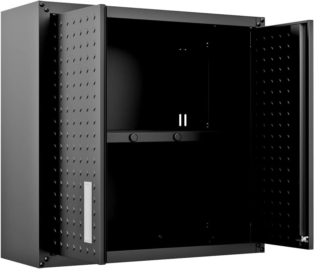 Manhattan Comfort Fortress Floating Garage Storage Cabinet with Adjustable Shelves and Lock, Recessed Handles, Metal Wall Mounted Lockable Utility Cabinet, Steel Garage Storage in Charcoal Gray