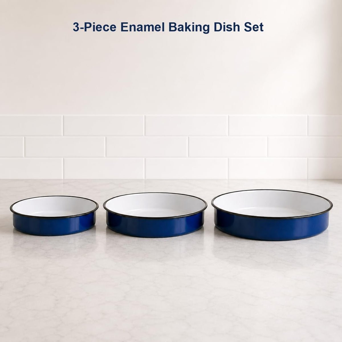 3-Piece Blue Enamel Roasting Pan Set, 10.2/12/13.6 Inch Round Pans