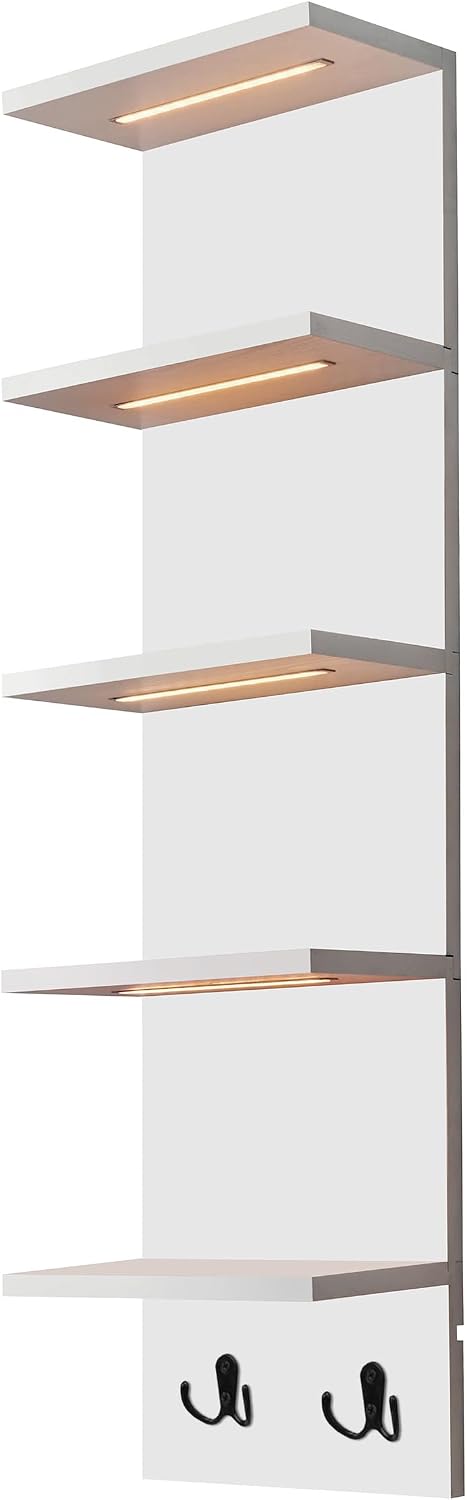 Sorbus LED Light Display Shelf - Vertical 5 Tier Wall Shelf Unit with 2 Hooks, Column Utility Shelving for Home Decor, Wall-Mounted Floating Shelves for Bathroom, Bedroom, Vanity, Figurine Display