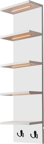 Sorbus LED Light Display Shelf - Vertical 5 Tier Wall Shelf Unit with 2 Hooks, Column Utility Shelving for Home Decor, Wall-Mounted Floating Shelves for Bathroom, Bedroom, Vanity, Figurine Display