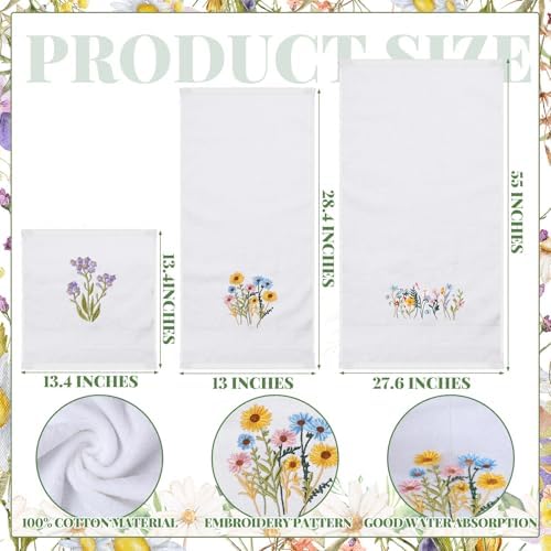 Moukeren 3 Pcs Floral Hand Towels Boho Wildflowers Cotton Bath Towel Set