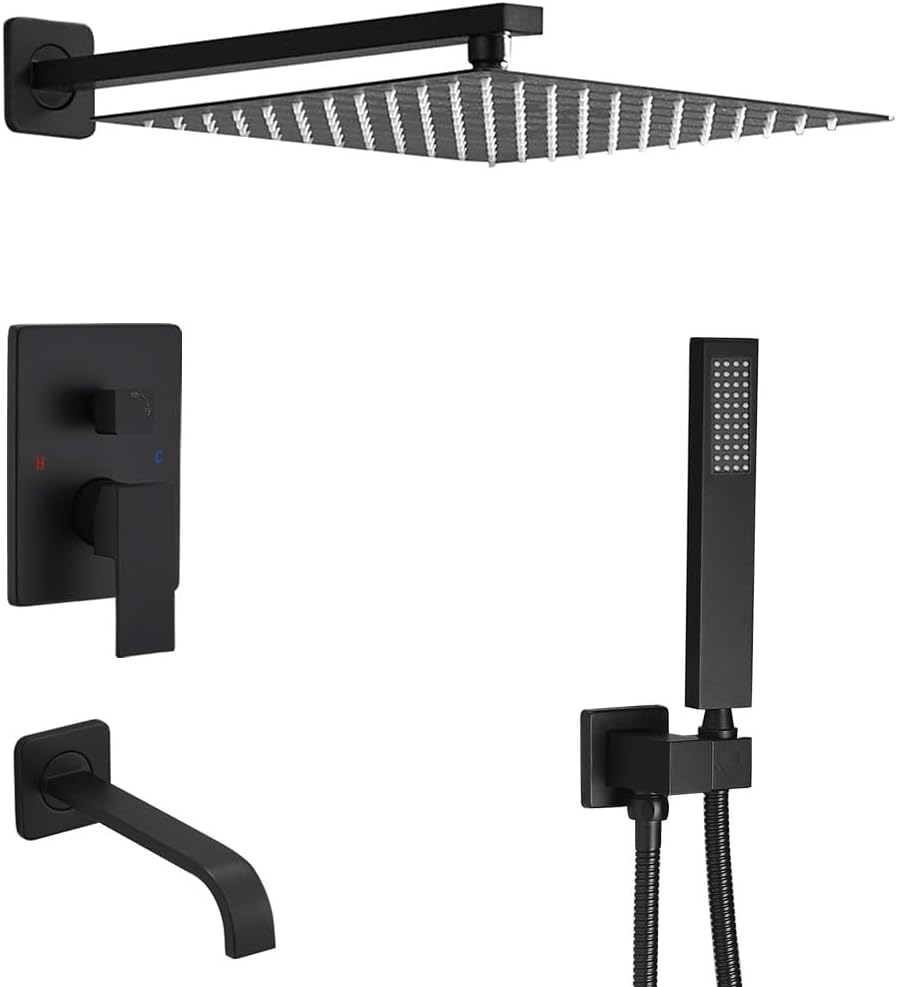Matte Black Shower System with Tub Spout Wall Mounted Bathtub Shower Faucet Set for Bathroom with High Pressure 10" Rain Shower head and Handheld Shower Head Kit