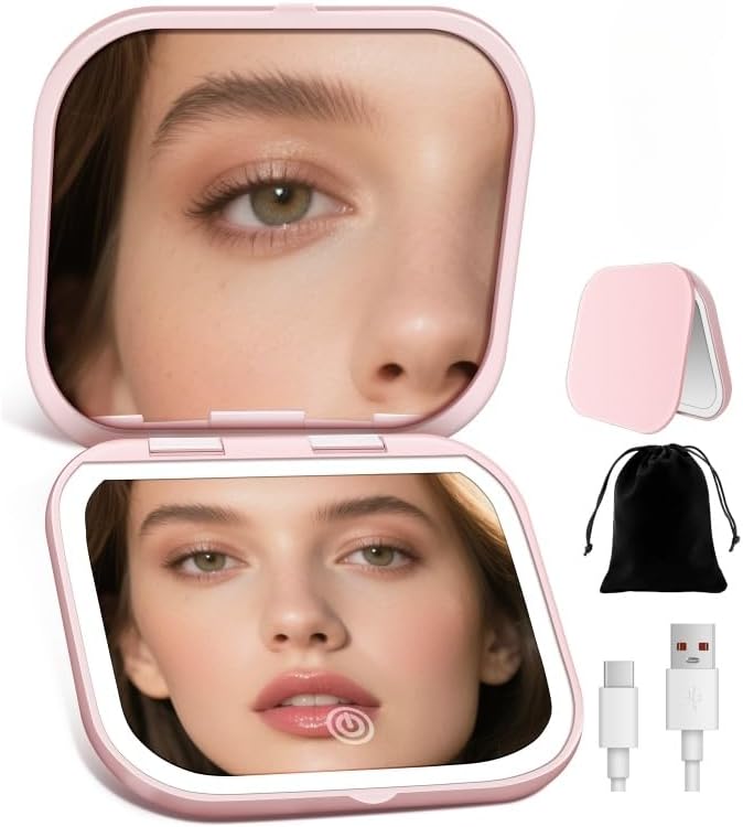 Magnifying Mirror with Light, Rechargeable Compact Makeup Mirror 40X Pink