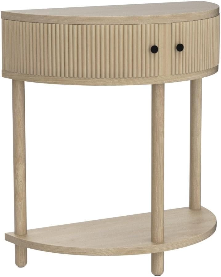 Stead Fluted Half Moon Shaped Console Table, Small Entry Desk, Living Room Furniture, Modern Home Decor, Solid Wood Entryway Table with Two Doors and Black Knobs (Natural Oak)