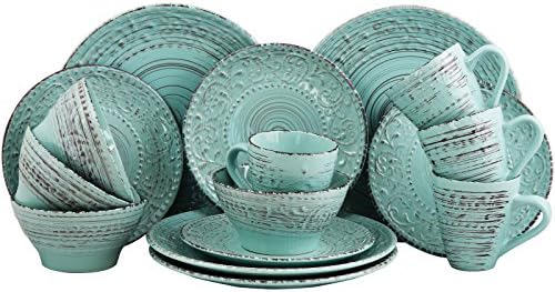 Elama Embossed Stoneware Ocean Dinnerware Dish Set, 16 Piece, Turquoise