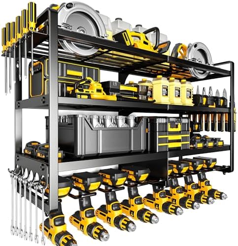 Large Power Tool Organizer Wall Mount,4 Layers Heavy Duty Metal Loads 400lbs,Power Tool Shelf Battery Storage with 8 Cordless Drill Holder,Utility Racks for Garage Workshop