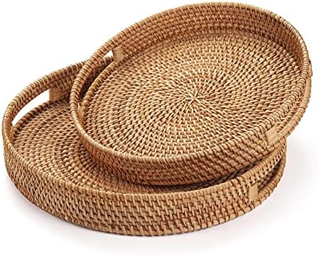 Round Rattan Serving Tray Decorative Woven Ottoman Trays with Handles for Coffee Table Natural (Small 11.8 inch x 2 inch)