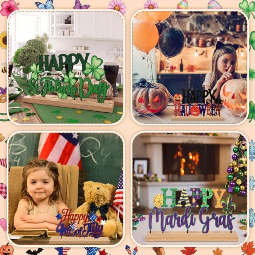 Chunful 13 Pcs Interchangeable Holiday Metal Table Signs with Wooden Base