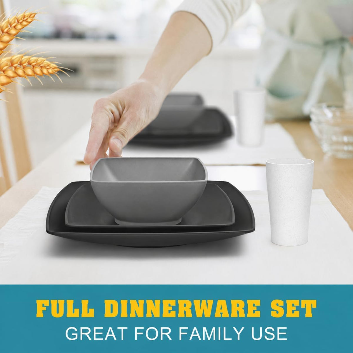 Teivio 40-piece Kitchen Wheat Straw Square Dinnerware Set,Service for 10, Unbreakable Dinner Plates, Salad Plates, Snack Bowls, Cups 13.5 oz, Dishwasher Safe, Plastic Outdoor RV Dishes,Gray Ombre