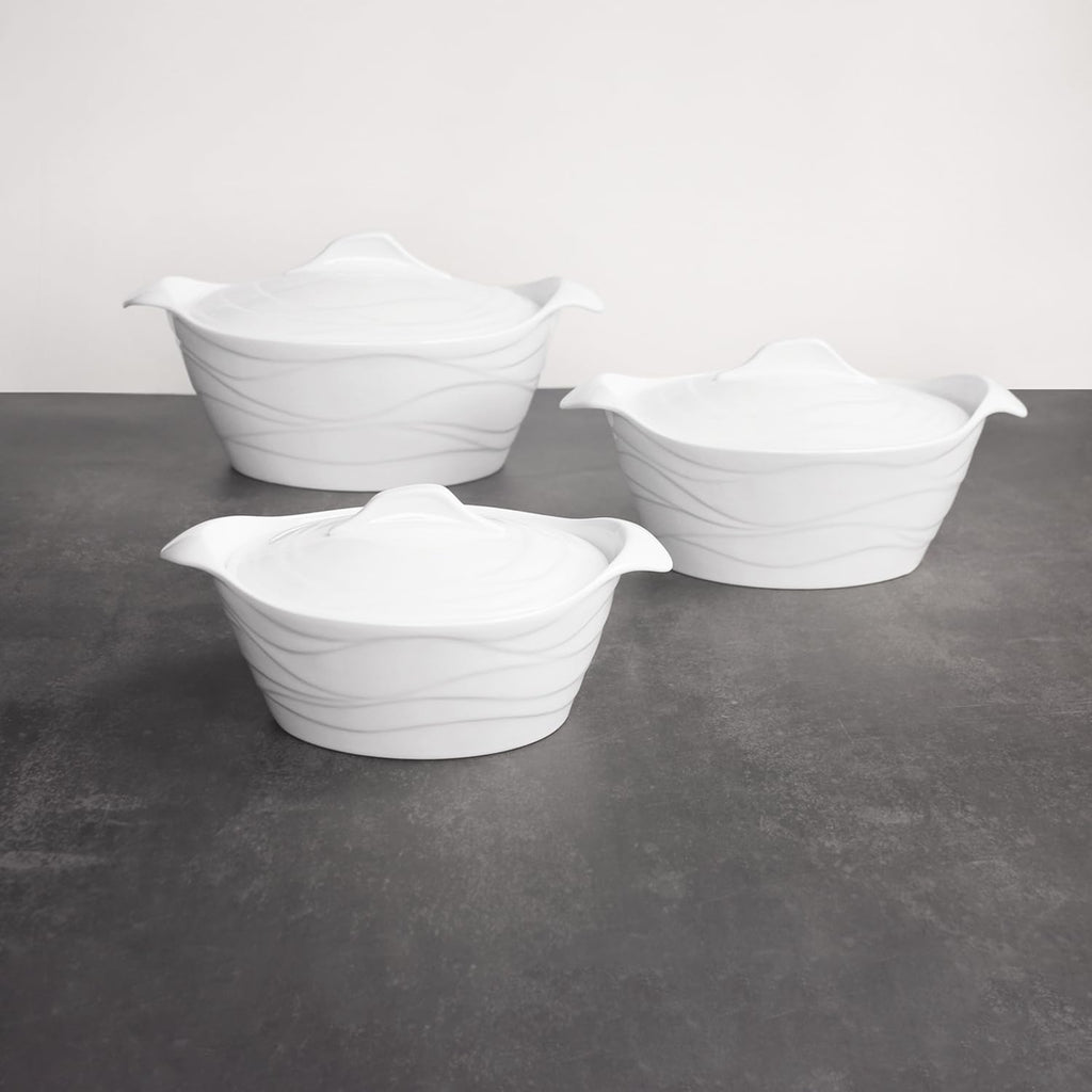 Casserole Dish 1.4 Quart French White Ceramic Bakeware Set with Lids, Chip and Crack Resistant Stoneware Baking Dish, Microwave, Dishwasher, Oven, Freezer and Fridge Safe (11.7 INCH Oval)