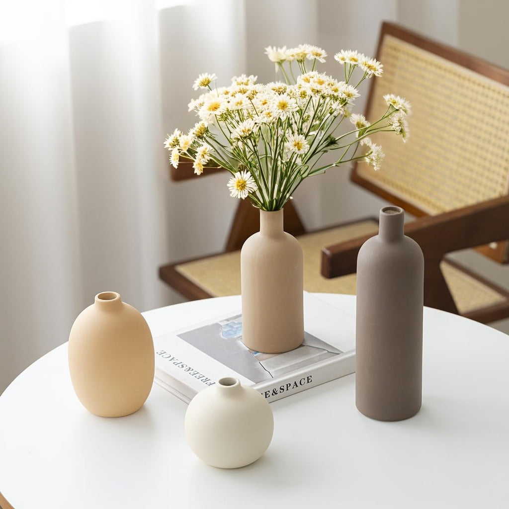 Modern Ceramic Vase Set, Neutral Colors, Decorative Vases for Home Shelf Decor, 4 Piece Collection, Happy Birthday Gifts for Women Mom Her Friend Sister Wife Grandma, Self Care Gift (Coffee Mix set 4)