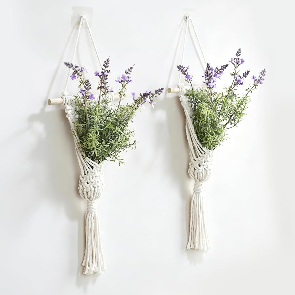 Macrame Wall Hanging with Artificial Eucalyptus Plant, Boho Wall Decor, Green Gray, Set of 2