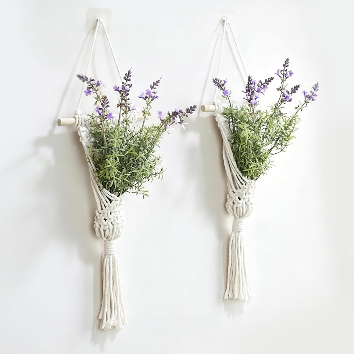 Macrame Wall Hanging with Artificial Eucalyptus Plant, Boho Wall Decor, Green Gray, Set of 2