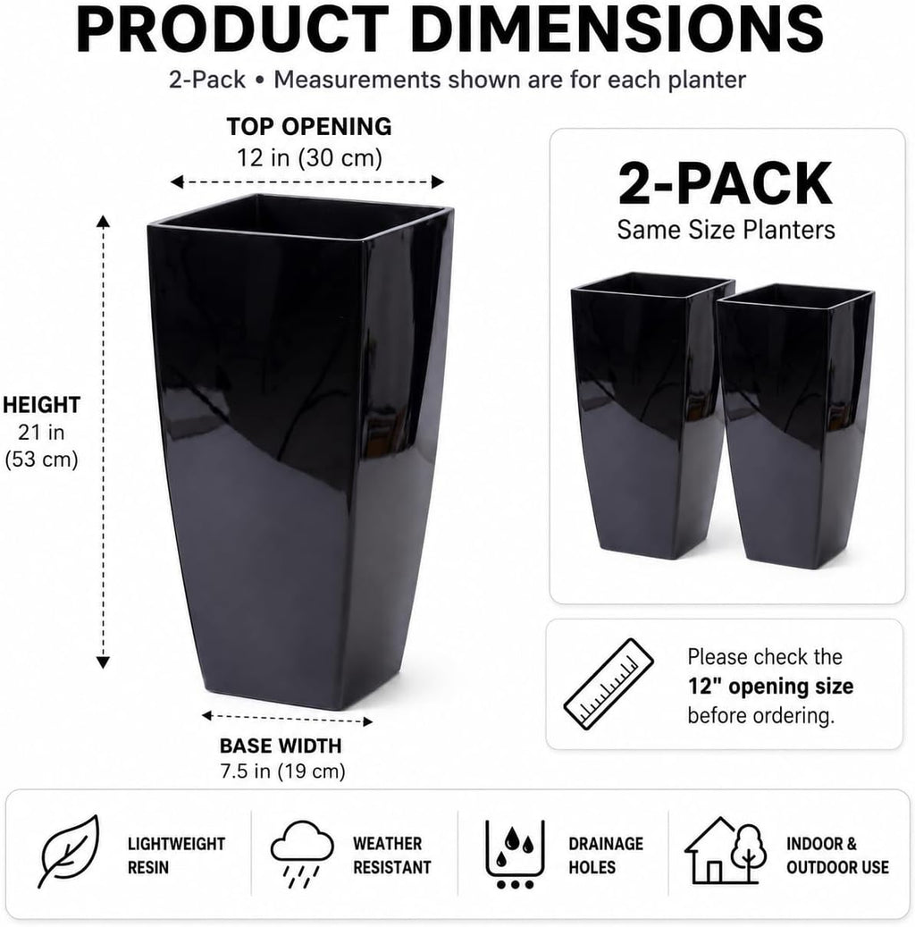21" Tall Square Planters 2 Pack, Resin Pots Indoor Outdoor, Black