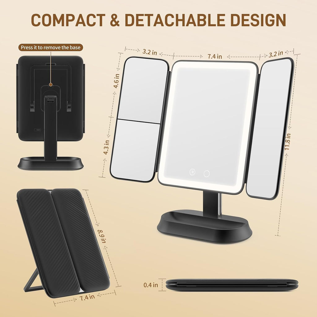 Rechargeable Lighted Makeup Mirror with 1X/3X/5X Magnification, Professional 3-Color LED Trifold Vanity Mirror, Smart Memory, Type-C Charging, Portable Beauty Mirror for Travel, Idea Gifts - Black