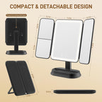 Rechargeable Lighted Makeup Mirror with 1X/3X/5X Magnification, Professional 3-Color LED Trifold Vanity Mirror, Smart Memory, Type-C Charging, Portable Beauty Mirror for Travel, Idea Gifts - Black