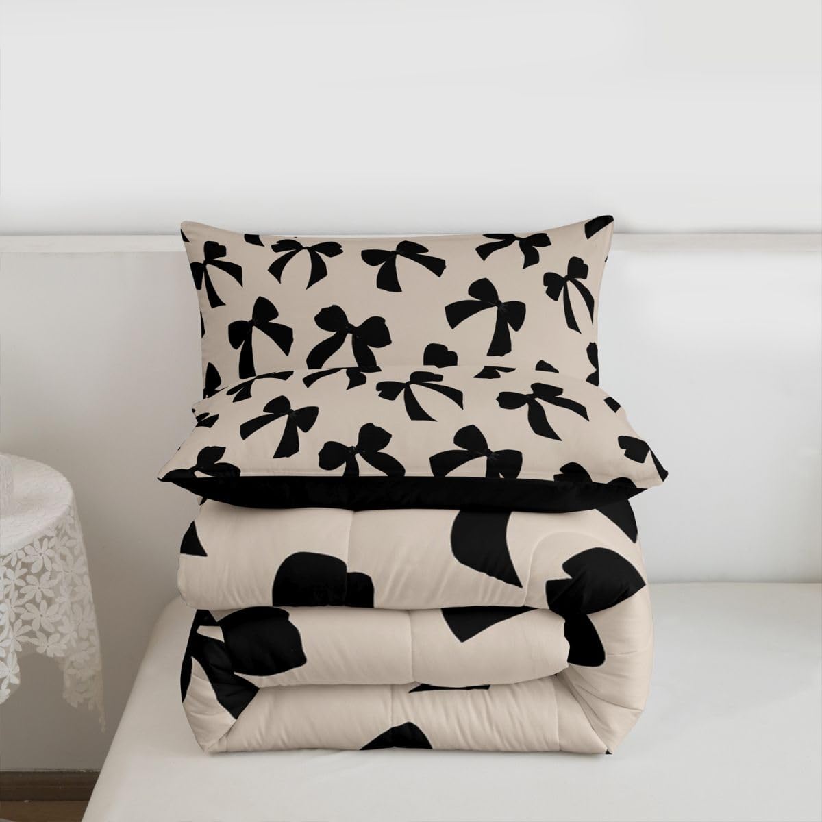 Feelyou Bow Comforter Set Toddler Size Elegant Bedding Set for Kids Boys Girls Kawaii Bow Duvet Quilt Black Bedroom Decor 2 Pcs with 1 Pillow Cases