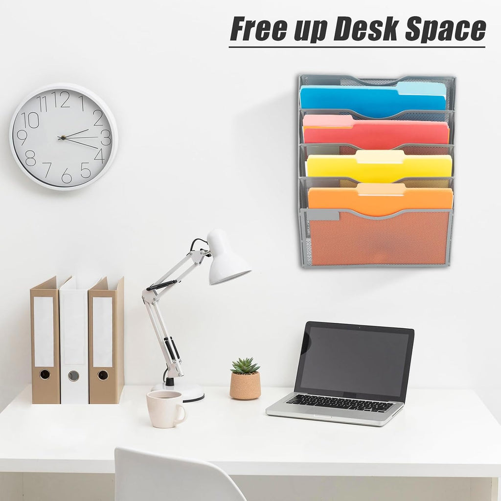 5 Pocket Mesh Hanging Wall File Organizer, Wall Mounted Mail Paper Document Folder Holder, Clipboard Storage Organization Magazine Rack with Nametag Label for Office Home School, Gray