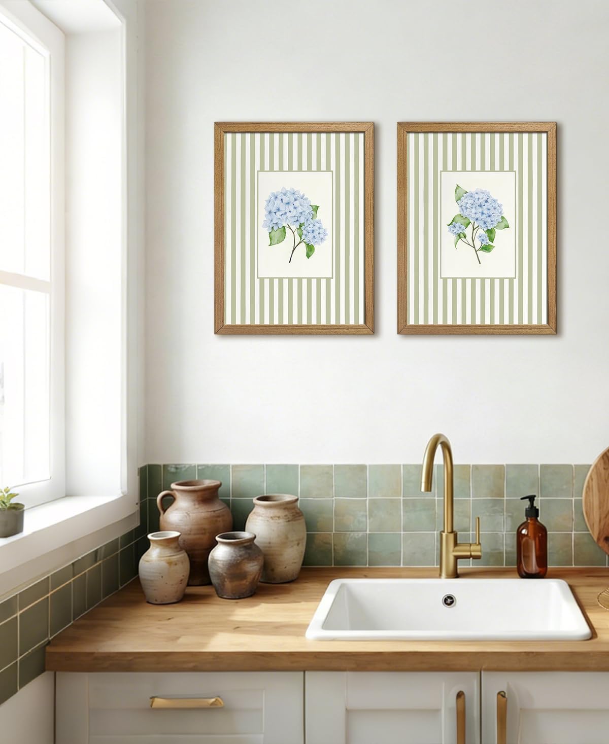 Framed Blue Hydrangea Wall Art Set of 2, Small Floral Pictures, 8x10 Inch