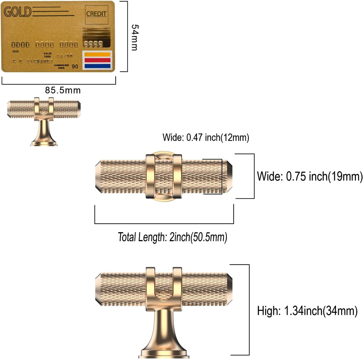 Amerdeco 10 Pack Gold Cabinet Knobs 2 Inch Length Single Hole T Bar Kitchen Cabinet Knob Knurled Cabinet Pulls for Drawer Dresser Cupboard ZH0025