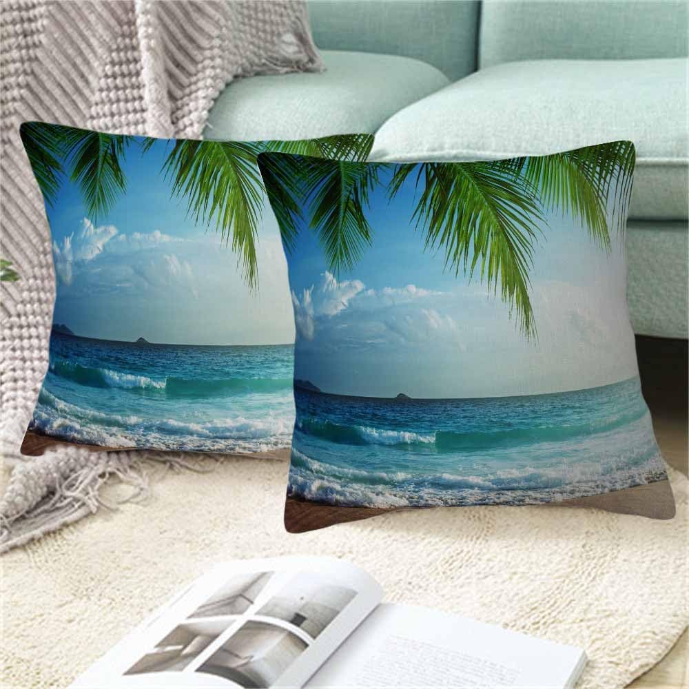 Tropical Palm Tree Green Throw Pillow Covers 18x18 Set of 2,Carribean Coastaline Beach Ocean Waves Decorative Pillow Covers for Sofa Couch Living Room Soft Home Decor,Outdoor Cushion Cases