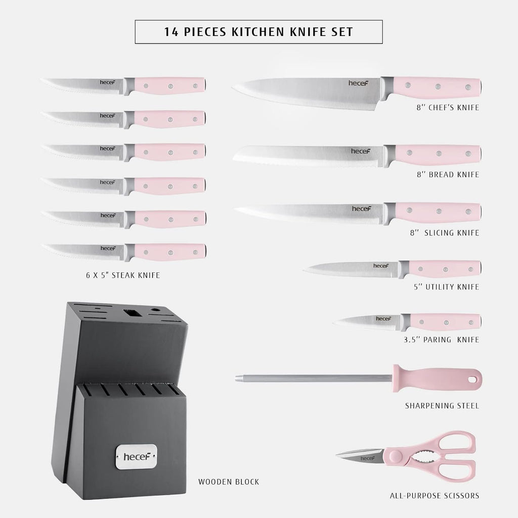 hecef Kitchen Knife Block Set, 14 Pieces Knife Set with Wooden Block & Sharpener Steel & All-purpose Scissors, High Carbon Stainless Steel Cutlery Set (Pink)
