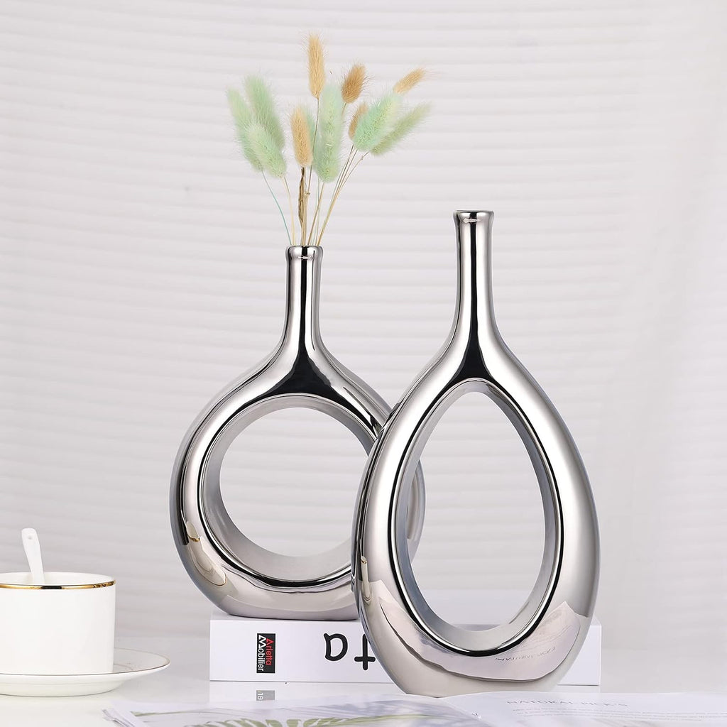 Glossy Silver Vase Ceramic Silver Vases Home Decor,Modern Minimalist Circle with Hole Decorative Vase, Hollow Ellipse Flower vases for Bookshelf, Fireplace Mantle, Centerpieces,Farmhouse,Rustic Décor