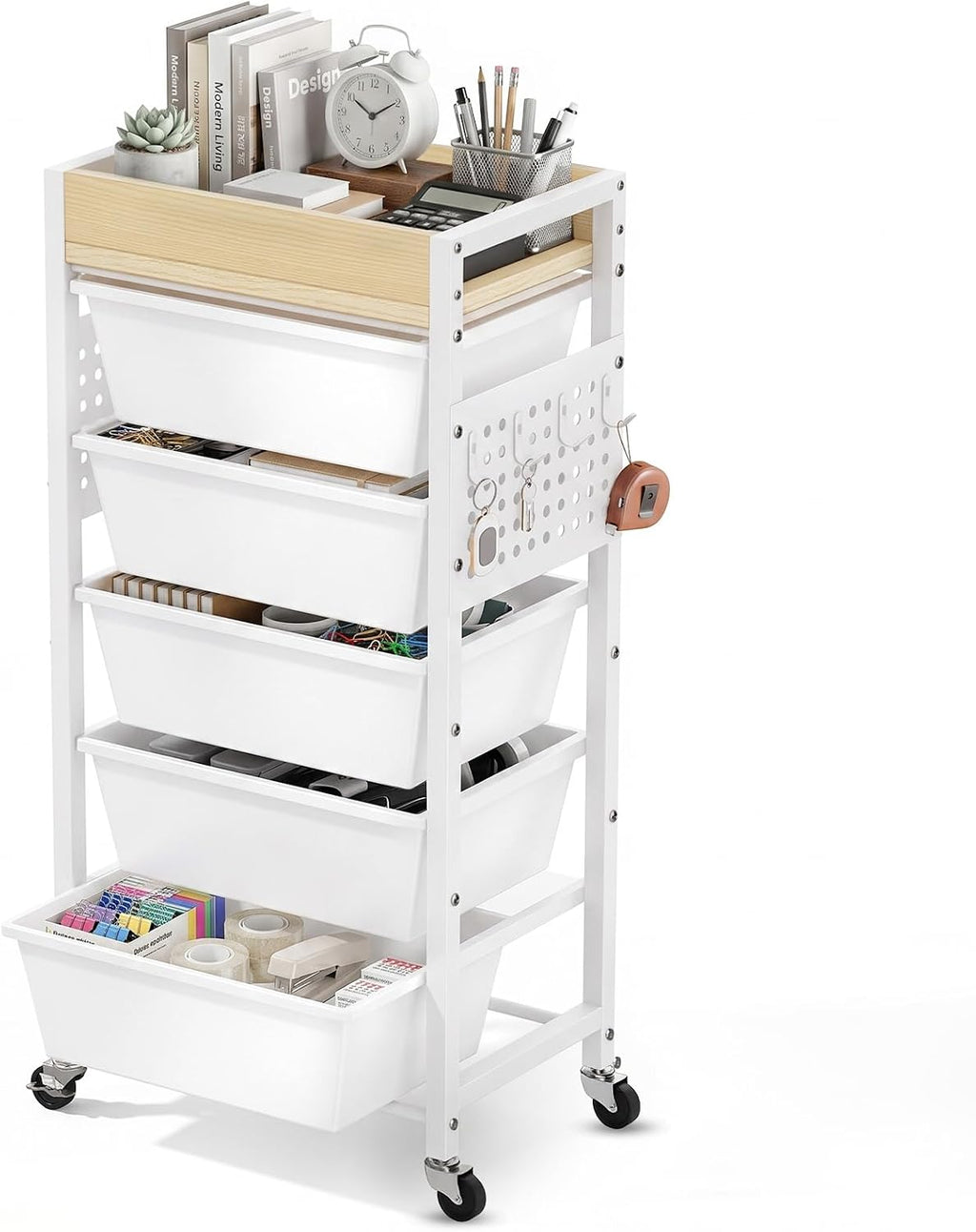 6 Tier Rolling Cart with Drawers, Plastic Drawer Storage Craft Cart with Pegboards & Hooks, Metal Utility Cart with Wheels & Wooden Tabletop, Classroom Office Art Supply Organizers and Storage, White