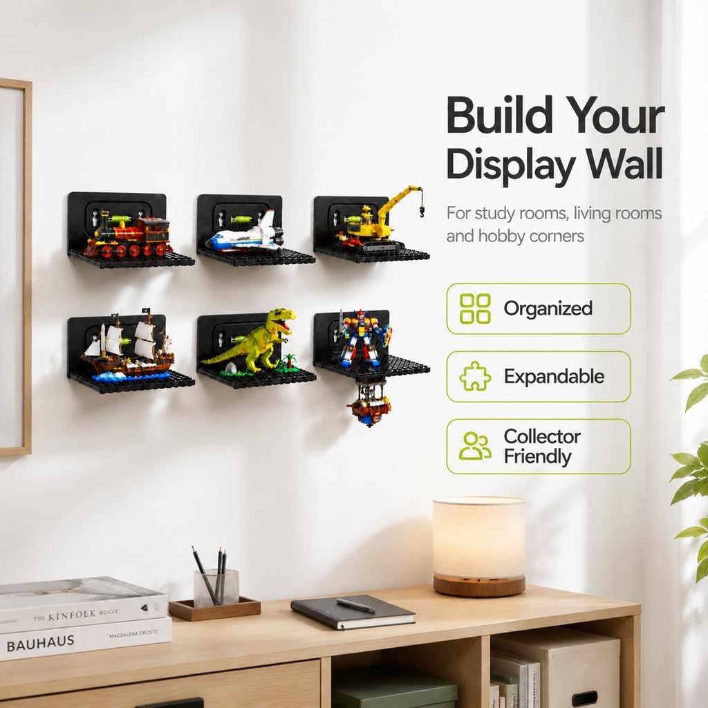 12 PCS Building Blocks Display Shelf Wall Mounted with Built-in Bubble Level, Floating Model Display Stand for Minifigures & Brick Sets, Wall Shelf Organizer for Room Decor & Storage