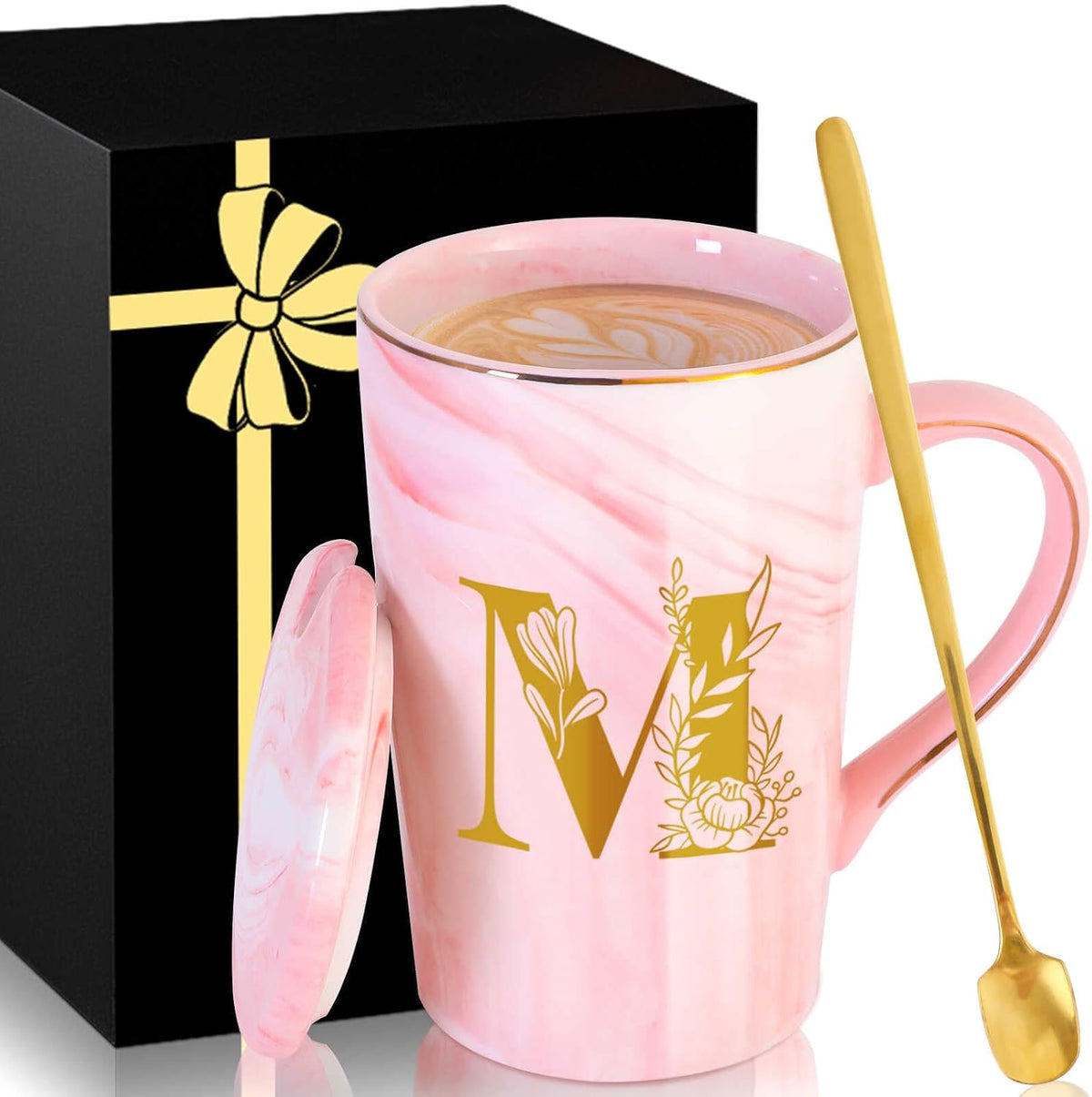 Personalized Ceramic Women Coffee Mug Tea Cup with Lid Heavy Pretty Large Pink Customized Cool Cute Women Birthday Christmas Gift for Her Wife Mother Day Grandma Girlfriend Friend Friendship Unique,A
