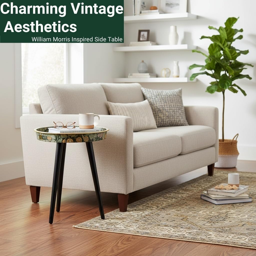 Small Round Side Table Vintage Floral - 13" William Morris Pattern - Botanical Tripod Drink Table & Nightstand with Moisture-Resistant Wrapped Legs for Living Room, Bedroom, Corner