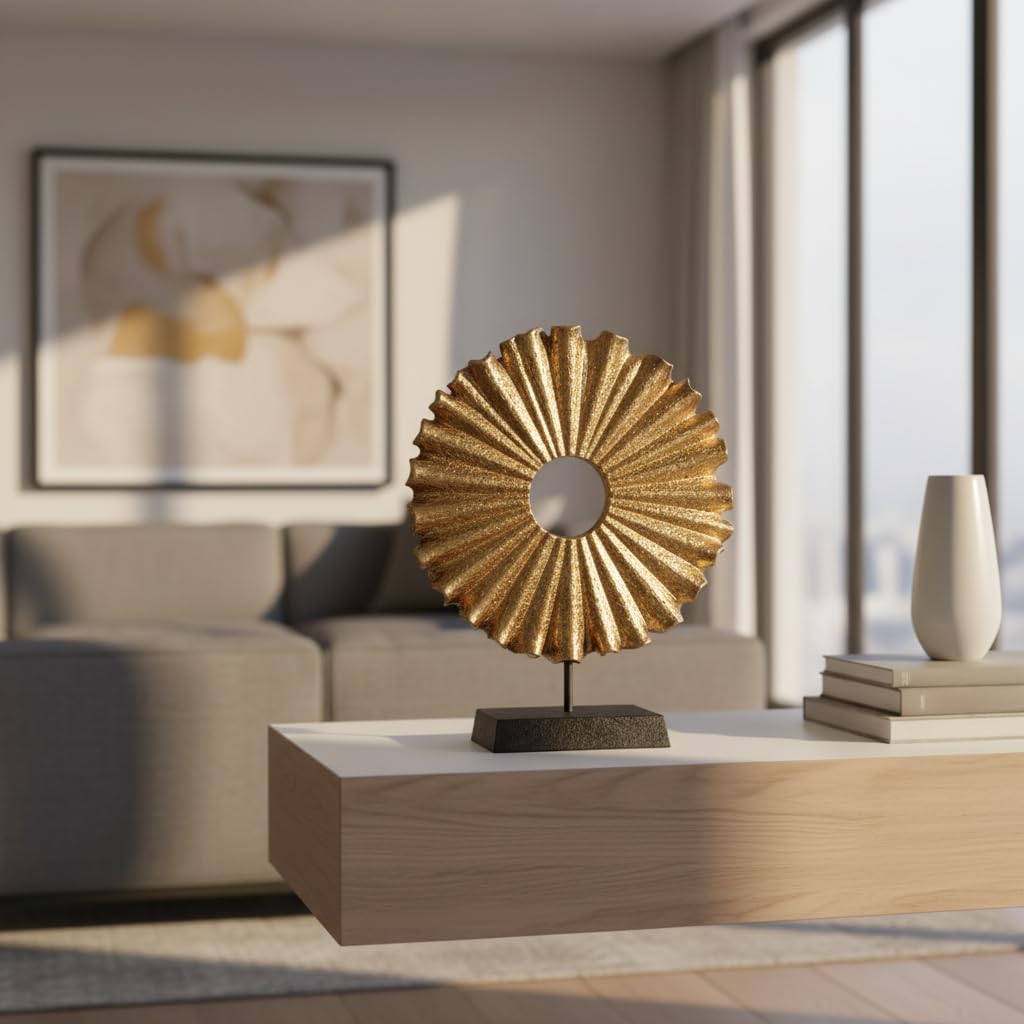 Modern Abstract Round Decorative Sculpture, Dining Living Room Desk Decor,Geometric Home Decor Statues,Shelf Top Decor Aesthetics, Coffee Tables or Office Shelves（Golden）