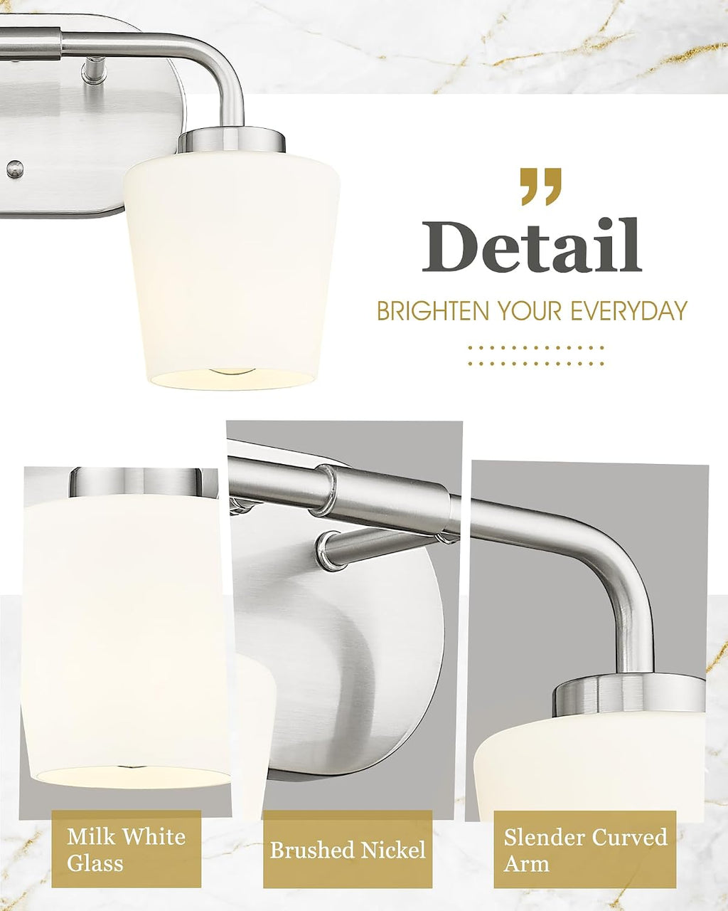 2-Light Brushed Nickel Bathroom Vanity Light, Milk White Glass