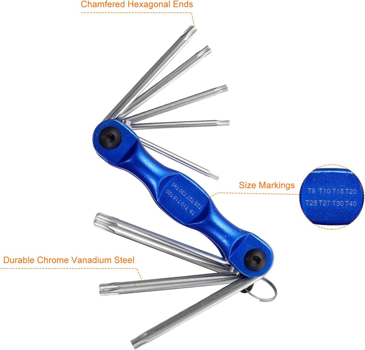 HARFINGTON Folding Hex Key Wrench T9-T40 Torx Star CR-V Steel Portable