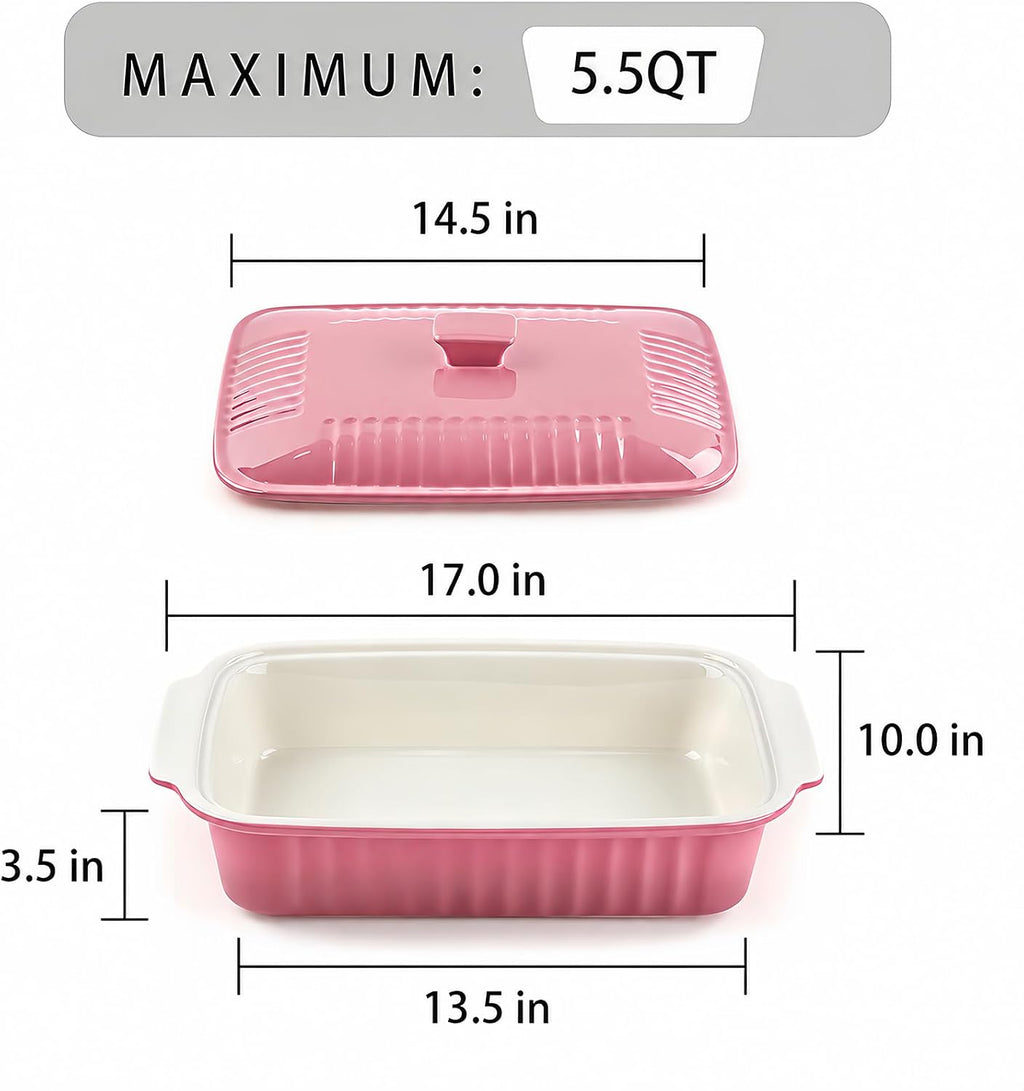 Large Baking Dish with Lid,5.5 Quart Lasagna Pan with Lid, 13.5x9 inch Ceramic Casserole Dish with Lid, Microwave, Dishwasher Safe