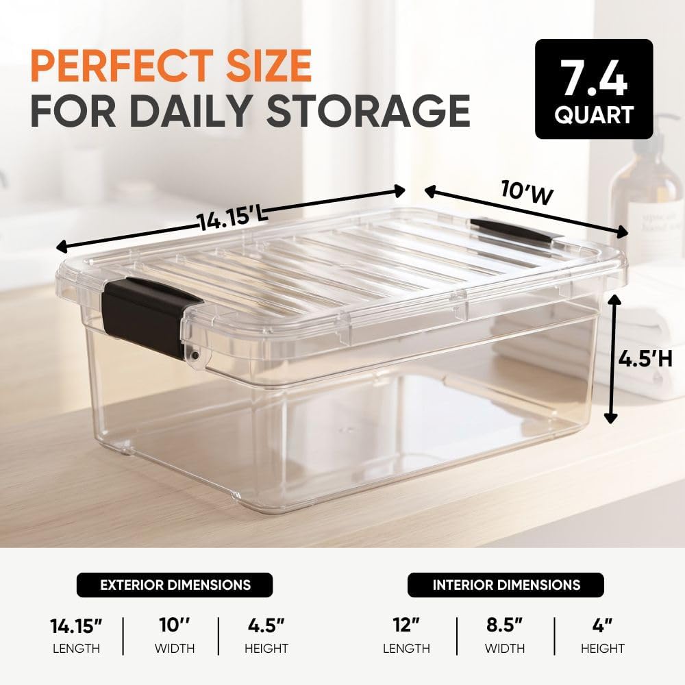 Superio 7.4 Quart Clear Plastic Storage Bin with Lid, Stackable Organizer Box, BPA-Free Storage Container for Home, Garage, School & Office, 1 Pack