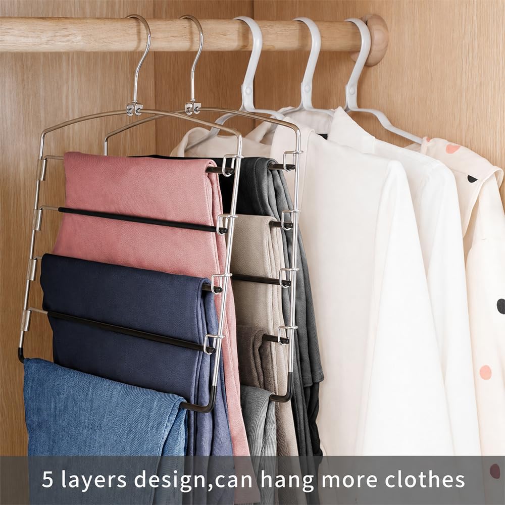 FeeraHozer Pants Hangers Non Slip 3 Pack Space Saving Hangers Multi-Layer Swing Arm Pants Hanger Stainless Steel Space Saver Hanger Closet Storage Organizer for Jeans Trouser Slacks Clothes (Black)