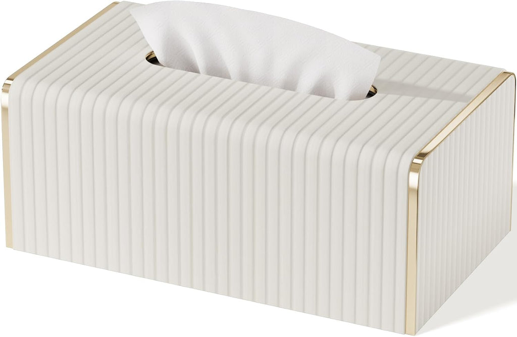 Tissue Box Cover,Black Square Luxury PU Leather Tissue Holder with Gold-Tone Edging Accents,Tissue Box Cover for Bathroom Toilet Bedroom Living Room Table Desk Office,Coffee Table Decor
