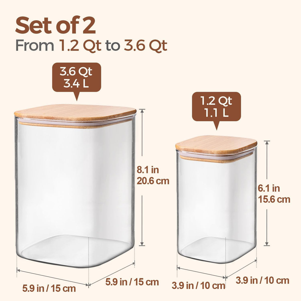 ComSaf Glass Storage Containers with Bamboo Lids 1.2/3.6 Qt 2 Pack