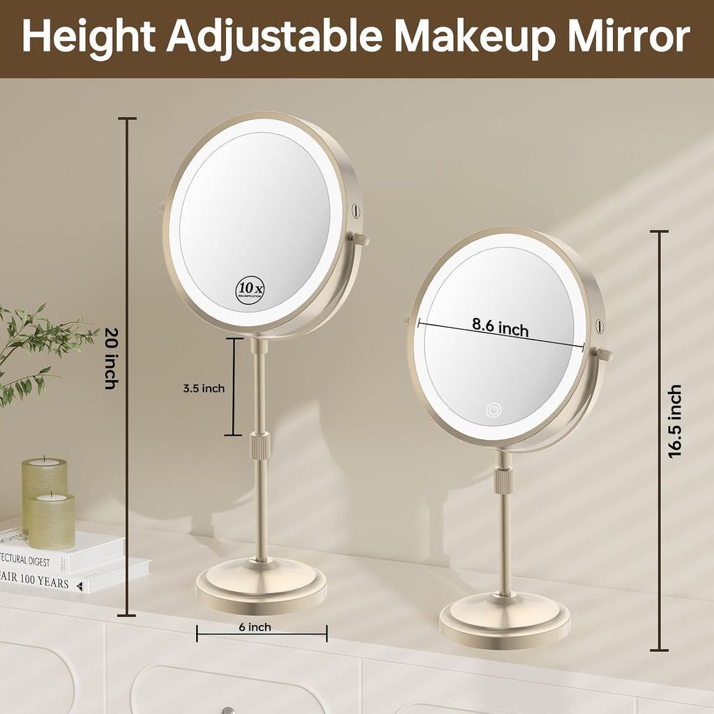 9" Lighted Makeup Mirror with 1X 10X Magnification, Brushed Nickel Finish