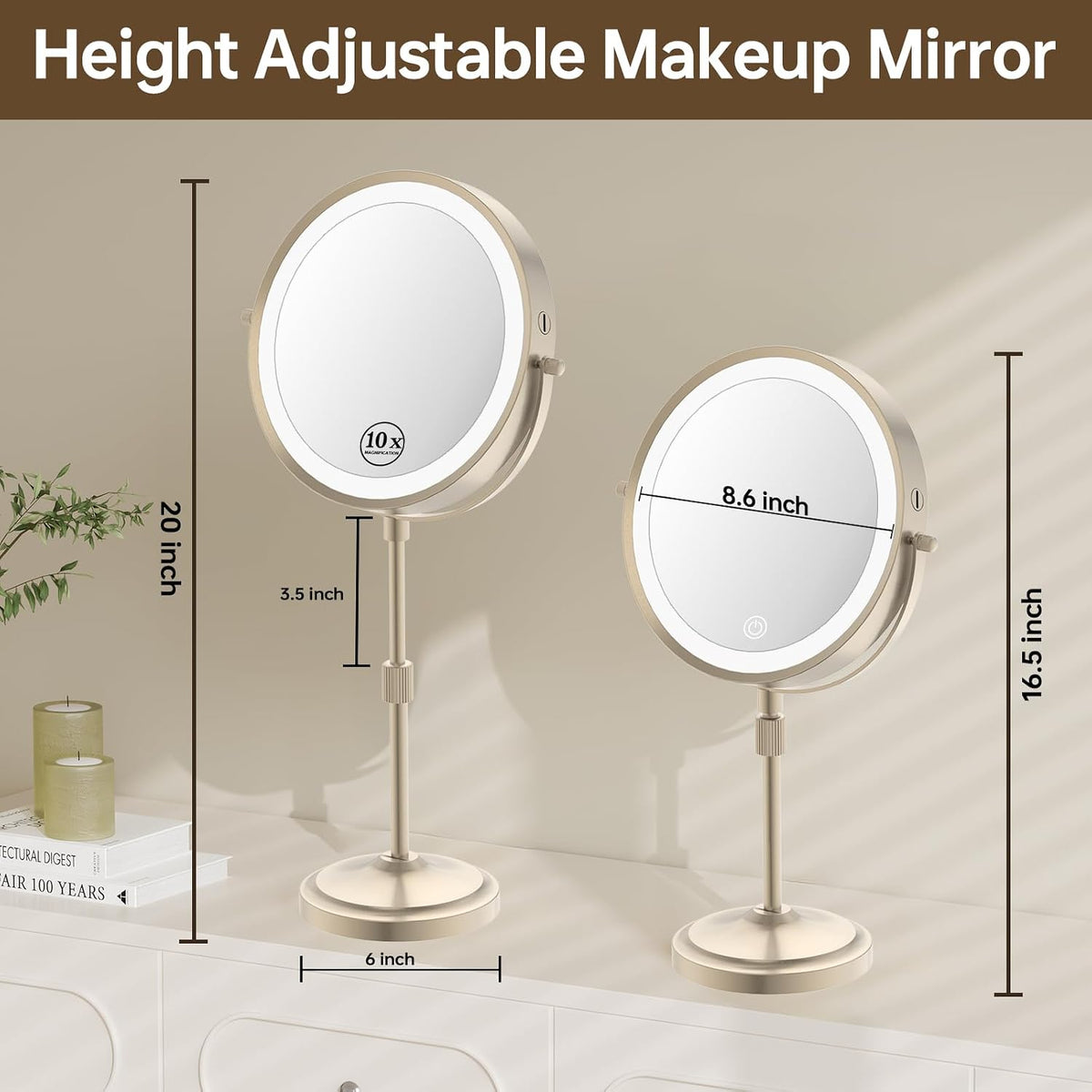 9" Lighted Makeup Mirror with 1X 10X Magnification, Brushed Nickel Finish
