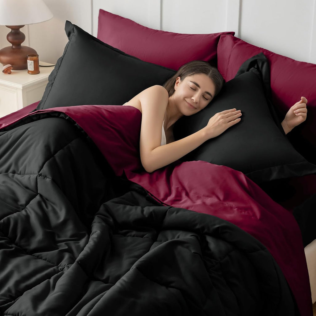 JOLLYVOGUE Queen Comforter Set, Ultra-Soft Bed in a Bag Queen Size 7 Pieces, Oeko-TEX Certified Bedding Set with Down Alternative Comforter, Sheets, Pillowcases & Shams, Black & Deep Burgundy