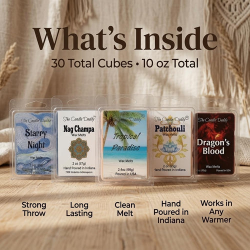 "Free Spirit Bundle" Combo Set Of Five Scented Wax Melt Cubes - Nag Champa, Patchouli, Starry Night, Tropical Paradise, Dragon's Blood Great Gift for Him Her Hippie Soul BFF Best Friend