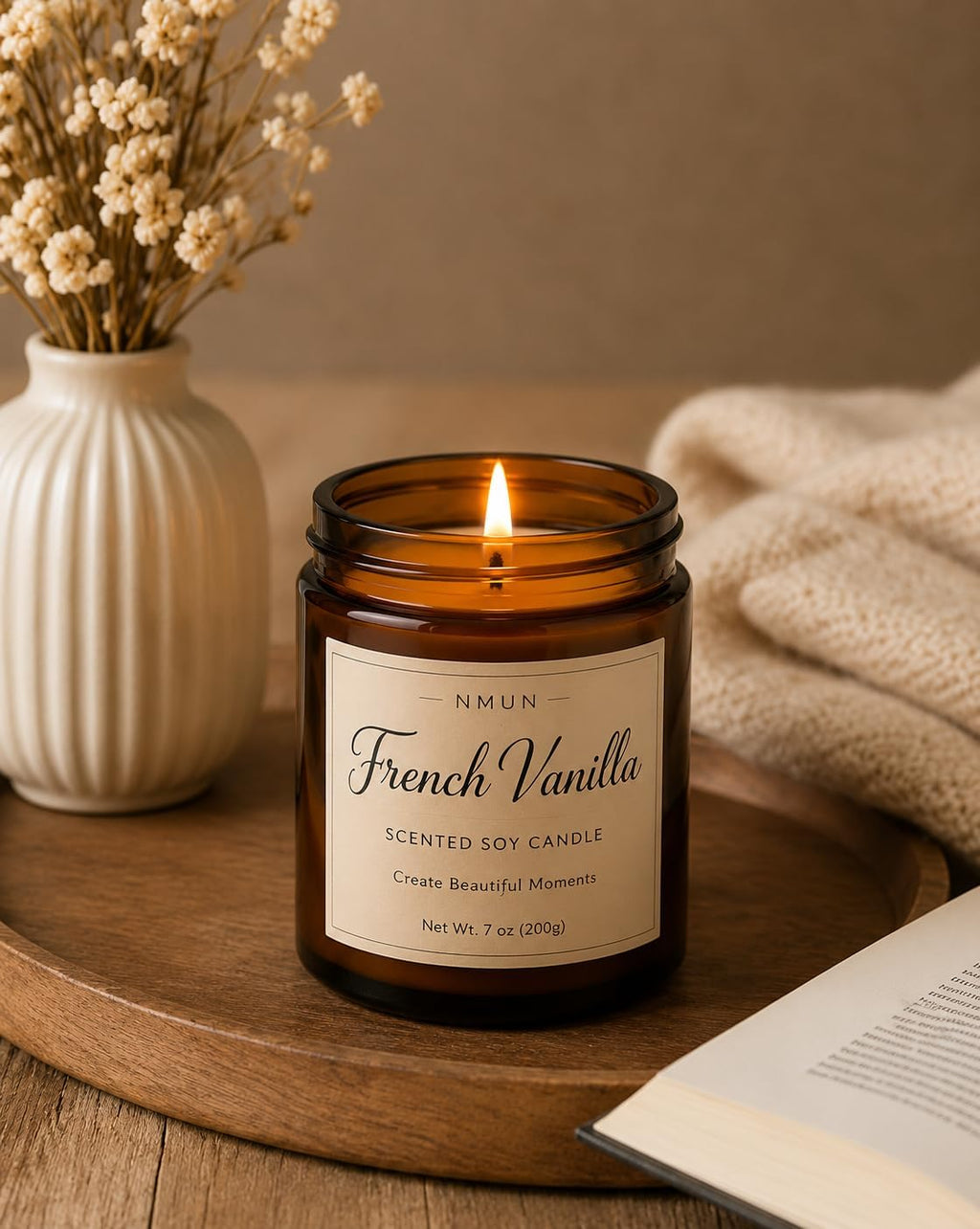 French Vanilla Scented Soy Candle, 7 oz Amber Glass Jar, Warm Vanilla Fragrance for Home, Relaxation & Gifting