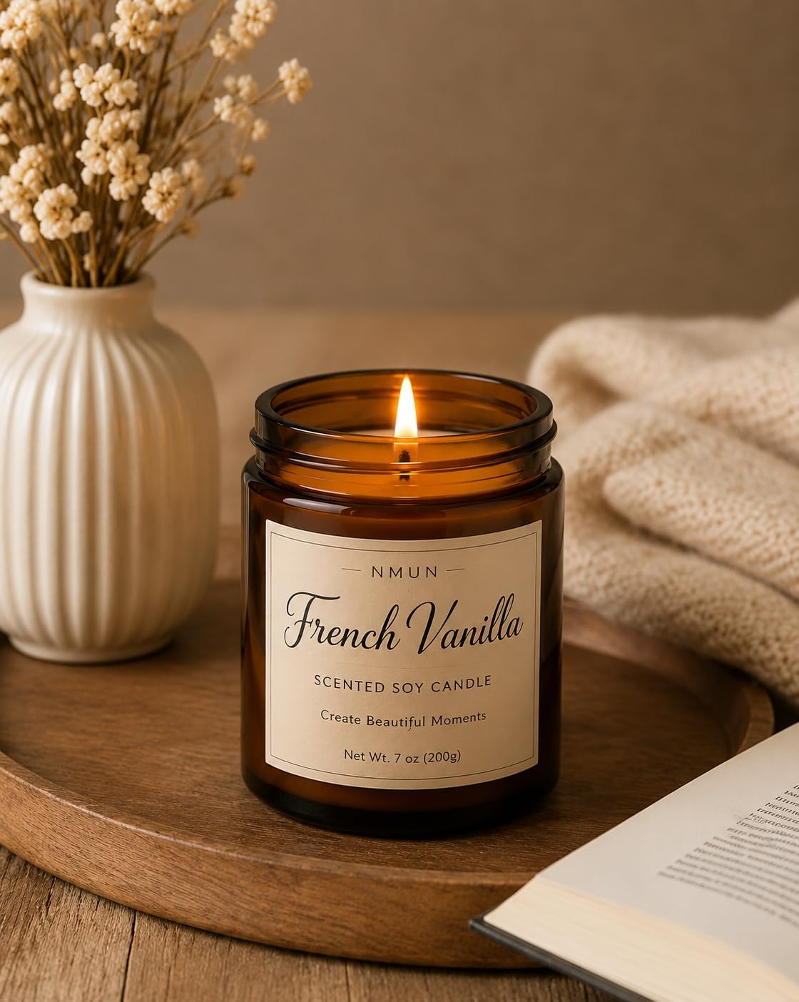 French Vanilla Scented Soy Candle, 7 oz Amber Glass Jar, Warm Vanilla Fragrance for Home, Relaxation & Gifting