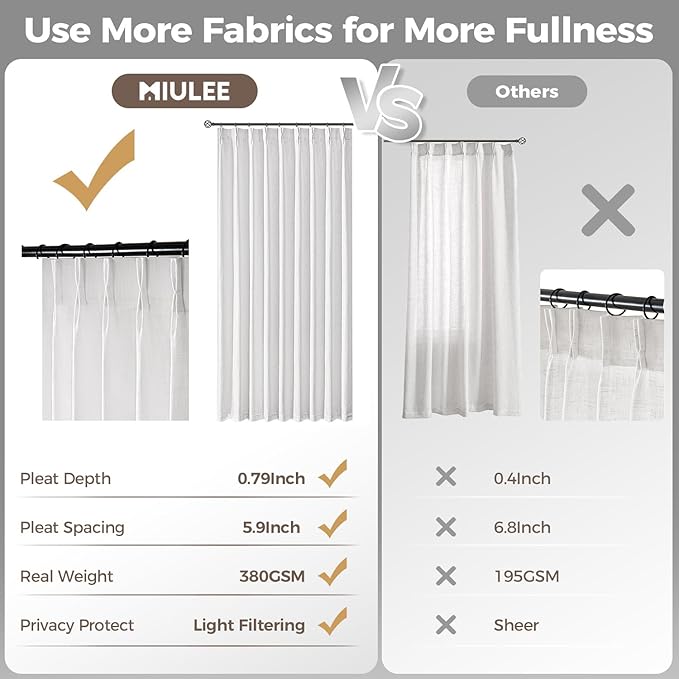 MIULEE Pinch Pleated White Thick Linen Curtains 102 Inches Long 2 Panels - Image 6