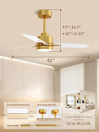 LANMEL Metal Ceiling Fan with Lights and Remote, 42 Inch, Gold & White