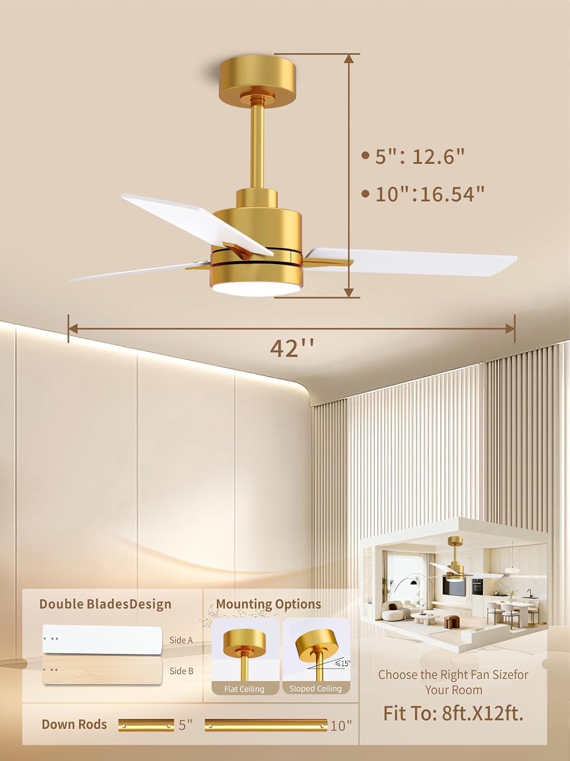 LANMEL Metal Ceiling Fan with Lights and Remote, 42 Inch, Gold & White