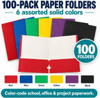 Better Office Products 2 Pocket Folders Bulk, Letter Size Paper Portfolios Case of 100, Assorted Primary Colors, Durable Folders Bulk for School, Office, Classroom Organization & Filing